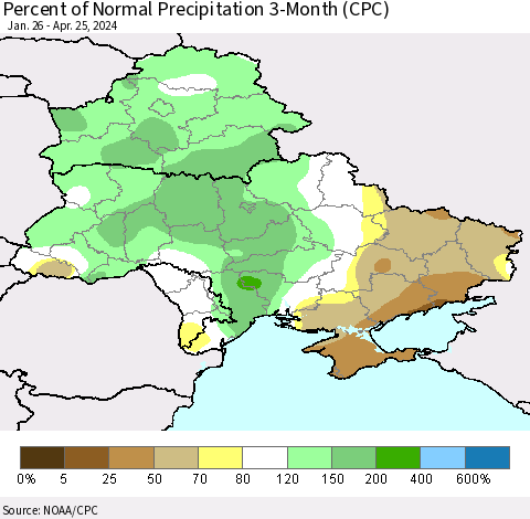 Ukraine, Moldova and Belarus Percent of Normal Precipitation 3-Month (CPC) Thematic Map For 1/26/2024 - 4/25/2024