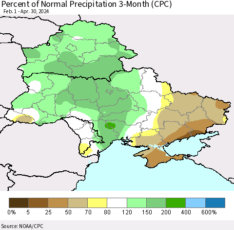 Ukraine, Moldova and Belarus Percent of Normal Precipitation 3-Month (CPC) Thematic Map For 2/1/2024 - 4/30/2024