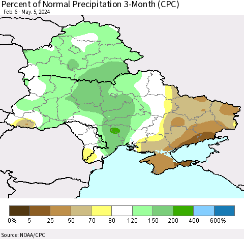 Ukraine, Moldova and Belarus Percent of Normal Precipitation 3-Month (CPC) Thematic Map For 2/6/2024 - 5/5/2024