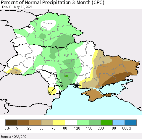 Ukraine, Moldova and Belarus Percent of Normal Precipitation 3-Month (CPC) Thematic Map For 2/11/2024 - 5/10/2024