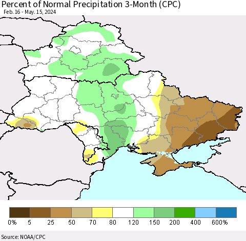 Ukraine, Moldova and Belarus Percent of Normal Precipitation 3-Month (CPC) Thematic Map For 2/16/2024 - 5/15/2024
