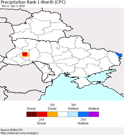 Ukraine, Moldova and Belarus Precipitation Rank 1-Month (CPC) Thematic Map For 3/6/2019 - 4/5/2019