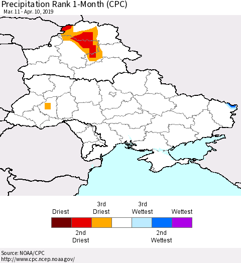 Ukraine, Moldova and Belarus Precipitation Rank 1-Month (CPC) Thematic Map For 3/11/2019 - 4/10/2019