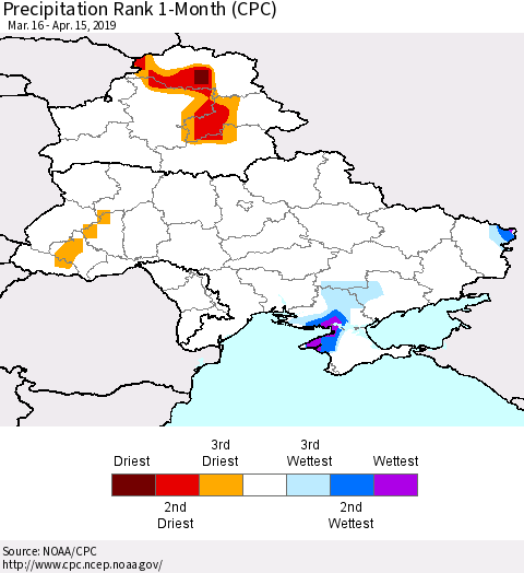 Ukraine, Moldova and Belarus Precipitation Rank 1-Month (CPC) Thematic Map For 3/16/2019 - 4/15/2019