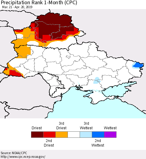 Ukraine, Moldova and Belarus Precipitation Rank 1-Month (CPC) Thematic Map For 3/21/2019 - 4/20/2019