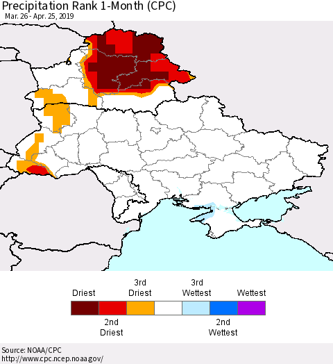 Ukraine, Moldova and Belarus Precipitation Rank 1-Month (CPC) Thematic Map For 3/26/2019 - 4/25/2019