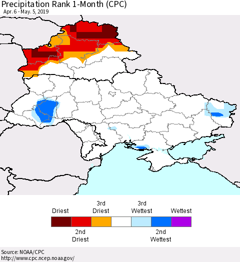 Ukraine, Moldova and Belarus Precipitation Rank since 1981, 1-Month (CPC) Thematic Map For 4/6/2019 - 5/5/2019