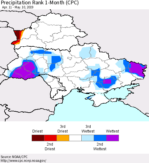 Ukraine, Moldova and Belarus Precipitation Rank since 1981, 1-Month (CPC) Thematic Map For 4/11/2019 - 5/10/2019