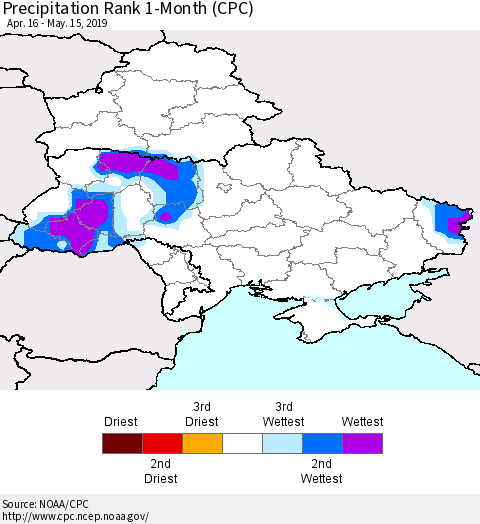 Ukraine, Moldova and Belarus Precipitation Rank 1-Month (CPC) Thematic Map For 4/16/2019 - 5/15/2019
