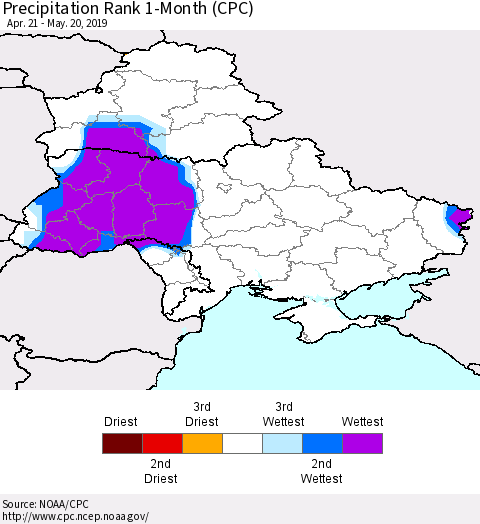 Ukraine, Moldova and Belarus Precipitation Rank 1-Month (CPC) Thematic Map For 4/21/2019 - 5/20/2019