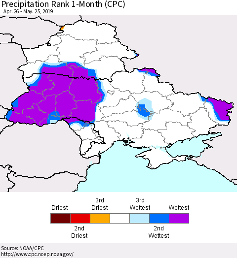 Ukraine, Moldova and Belarus Precipitation Rank since 1981, 1-Month (CPC) Thematic Map For 4/26/2019 - 5/25/2019