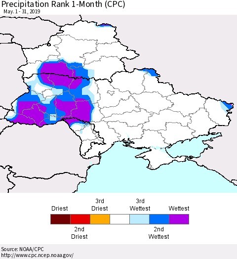Ukraine, Moldova and Belarus Precipitation Rank 1-Month (CPC) Thematic Map For 5/1/2019 - 5/31/2019