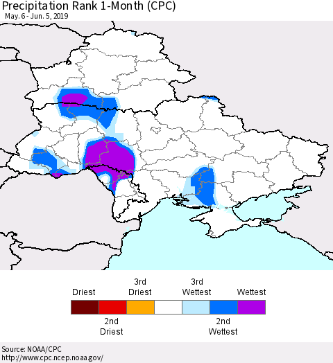 Ukraine, Moldova and Belarus Precipitation Rank since 1981, 1-Month (CPC) Thematic Map For 5/6/2019 - 6/5/2019