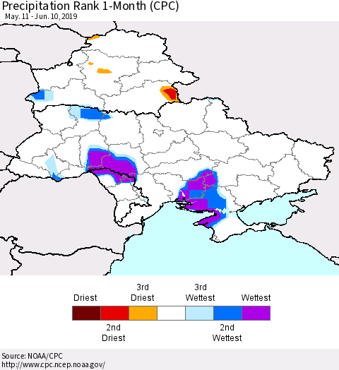 Ukraine, Moldova and Belarus Precipitation Rank 1-Month (CPC) Thematic Map For 5/11/2019 - 6/10/2019