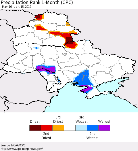 Ukraine, Moldova and Belarus Precipitation Rank 1-Month (CPC) Thematic Map For 5/16/2019 - 6/15/2019
