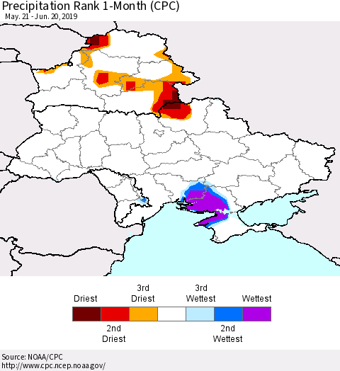 Ukraine, Moldova and Belarus Precipitation Rank 1-Month (CPC) Thematic Map For 5/21/2019 - 6/20/2019