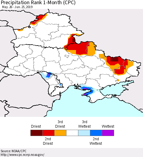 Ukraine, Moldova and Belarus Precipitation Rank since 1981, 1-Month (CPC) Thematic Map For 5/26/2019 - 6/25/2019
