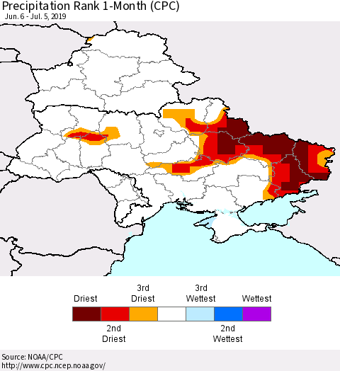 Ukraine, Moldova and Belarus Precipitation Rank since 1981, 1-Month (CPC) Thematic Map For 6/6/2019 - 7/5/2019