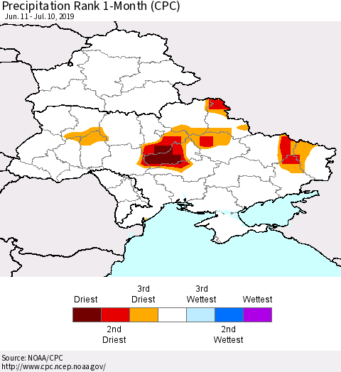 Ukraine, Moldova and Belarus Precipitation Rank 1-Month (CPC) Thematic Map For 6/11/2019 - 7/10/2019