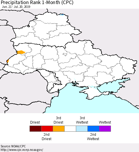 Ukraine, Moldova and Belarus Precipitation Rank 1-Month (CPC) Thematic Map For 6/21/2019 - 7/20/2019