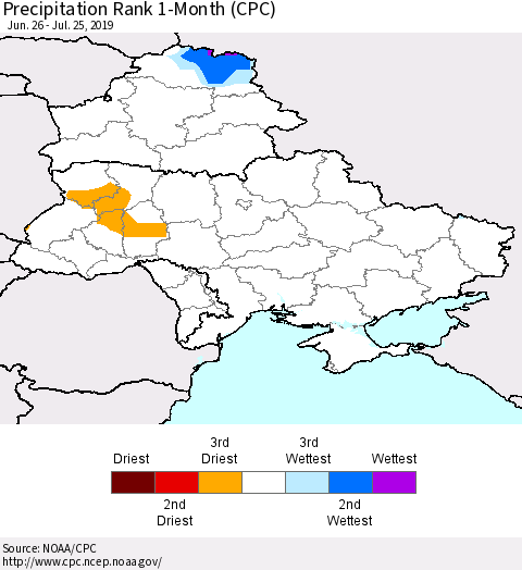 Ukraine, Moldova and Belarus Precipitation Rank since 1981, 1-Month (CPC) Thematic Map For 6/26/2019 - 7/25/2019