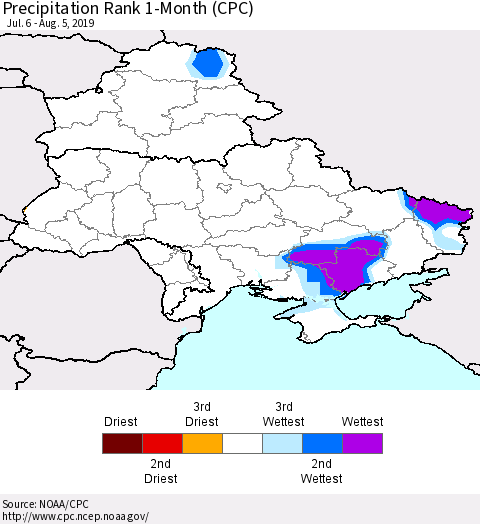 Ukraine, Moldova and Belarus Precipitation Rank 1-Month (CPC) Thematic Map For 7/6/2019 - 8/5/2019