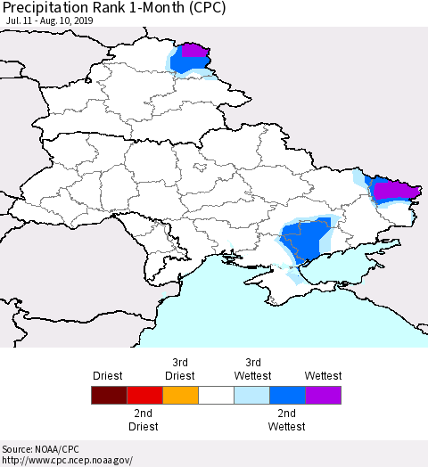 Ukraine, Moldova and Belarus Precipitation Rank since 1981, 1-Month (CPC) Thematic Map For 7/11/2019 - 8/10/2019