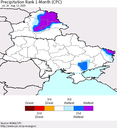 Ukraine, Moldova and Belarus Precipitation Rank 1-Month (CPC) Thematic Map For 7/16/2019 - 8/15/2019