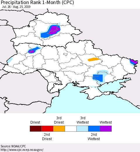 Ukraine, Moldova and Belarus Precipitation Rank 1-Month (CPC) Thematic Map For 7/26/2019 - 8/25/2019