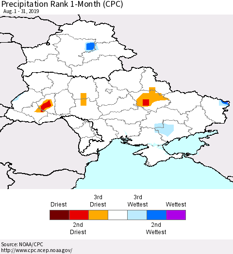 Ukraine, Moldova and Belarus Precipitation Rank 1-Month (CPC) Thematic Map For 8/1/2019 - 8/31/2019