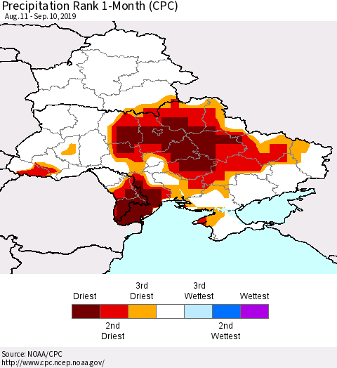 Ukraine, Moldova and Belarus Precipitation Rank 1-Month (CPC) Thematic Map For 8/11/2019 - 9/10/2019