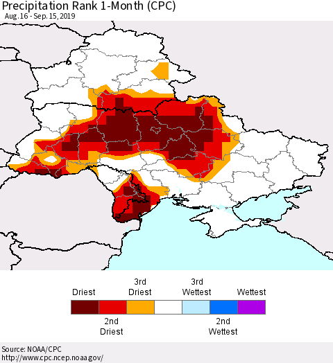 Ukraine, Moldova and Belarus Precipitation Rank 1-Month (CPC) Thematic Map For 8/16/2019 - 9/15/2019