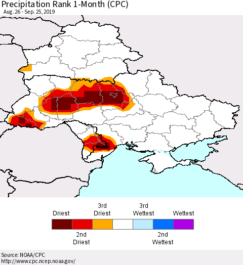 Ukraine, Moldova and Belarus Precipitation Rank since 1981, 1-Month (CPC) Thematic Map For 8/26/2019 - 9/25/2019