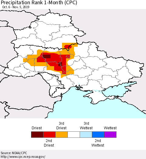 Ukraine, Moldova and Belarus Precipitation Rank since 1981, 1-Month (CPC) Thematic Map For 10/6/2019 - 11/5/2019