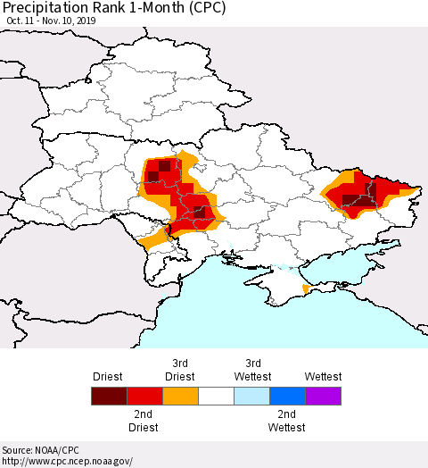 Ukraine, Moldova and Belarus Precipitation Rank 1-Month (CPC) Thematic Map For 10/11/2019 - 11/10/2019