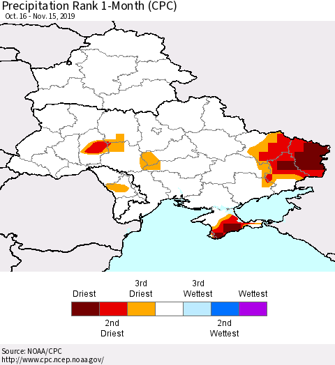 Ukraine, Moldova and Belarus Precipitation Rank 1-Month (CPC) Thematic Map For 10/16/2019 - 11/15/2019