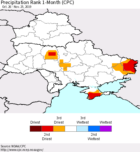 Ukraine, Moldova and Belarus Precipitation Rank 1-Month (CPC) Thematic Map For 10/26/2019 - 11/25/2019