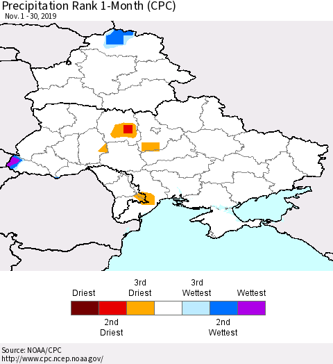 Ukraine, Moldova and Belarus Precipitation Rank since 1981, 1-Month (CPC) Thematic Map For 11/1/2019 - 11/30/2019