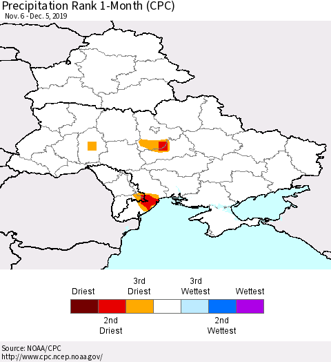 Ukraine, Moldova and Belarus Precipitation Rank 1-Month (CPC) Thematic Map For 11/6/2019 - 12/5/2019