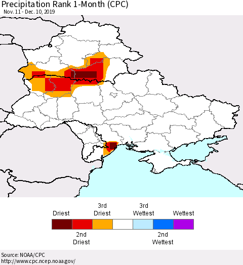 Ukraine, Moldova and Belarus Precipitation Rank 1-Month (CPC) Thematic Map For 11/11/2019 - 12/10/2019
