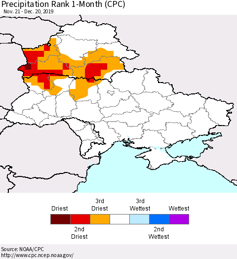 Ukraine, Moldova and Belarus Precipitation Rank 1-Month (CPC) Thematic Map For 11/21/2019 - 12/20/2019