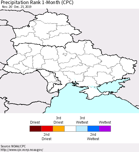 Ukraine, Moldova and Belarus Precipitation Rank 1-Month (CPC) Thematic Map For 11/26/2019 - 12/25/2019