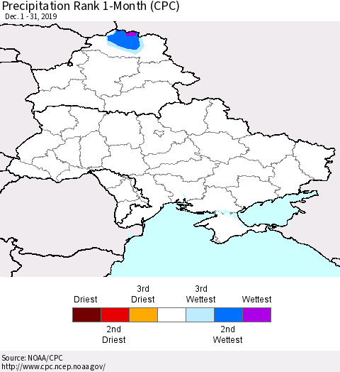 Ukraine, Moldova and Belarus Precipitation Rank 1-Month (CPC) Thematic Map For 12/1/2019 - 12/31/2019