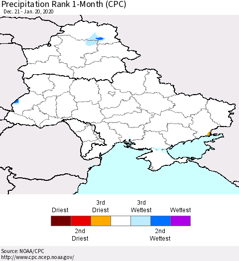 Ukraine, Moldova and Belarus Precipitation Rank 1-Month (CPC) Thematic Map For 12/21/2019 - 1/20/2020