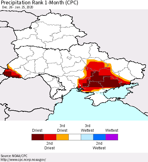 Ukraine, Moldova and Belarus Precipitation Rank 1-Month (CPC) Thematic Map For 12/26/2019 - 1/25/2020