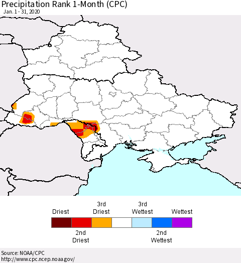 Ukraine, Moldova and Belarus Precipitation Rank since 1981, 1-Month (CPC) Thematic Map For 1/1/2020 - 1/31/2020
