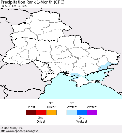 Ukraine, Moldova and Belarus Precipitation Rank 1-Month (CPC) Thematic Map For 1/11/2020 - 2/10/2020