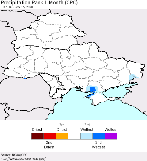 Ukraine, Moldova and Belarus Precipitation Rank 1-Month (CPC) Thematic Map For 1/16/2020 - 2/15/2020