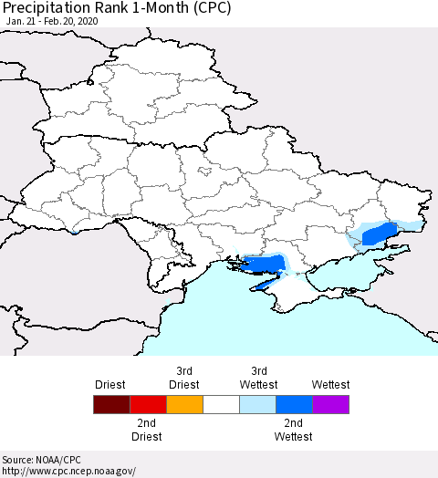 Ukraine, Moldova and Belarus Precipitation Rank since 1981, 1-Month (CPC) Thematic Map For 1/21/2020 - 2/20/2020