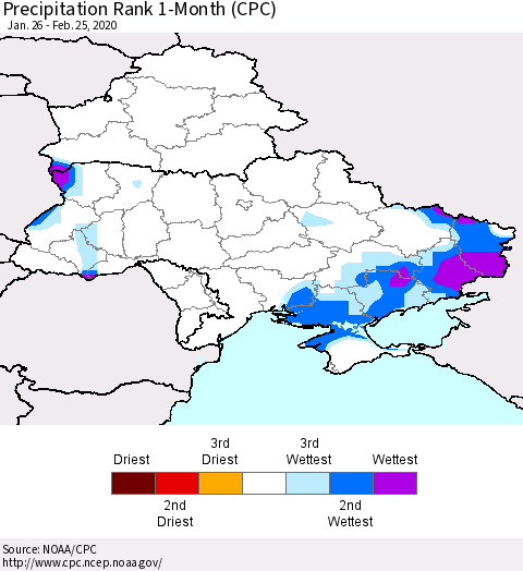 Ukraine, Moldova and Belarus Precipitation Rank since 1981, 1-Month (CPC) Thematic Map For 1/26/2020 - 2/25/2020
